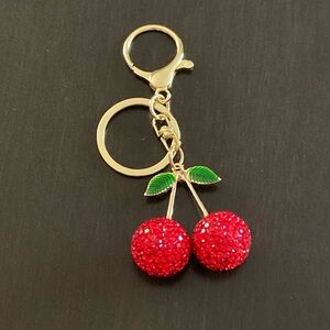Cherry Red Rhinestone Cherries Charm Pendant Car Purse Gold Keychain Keyring